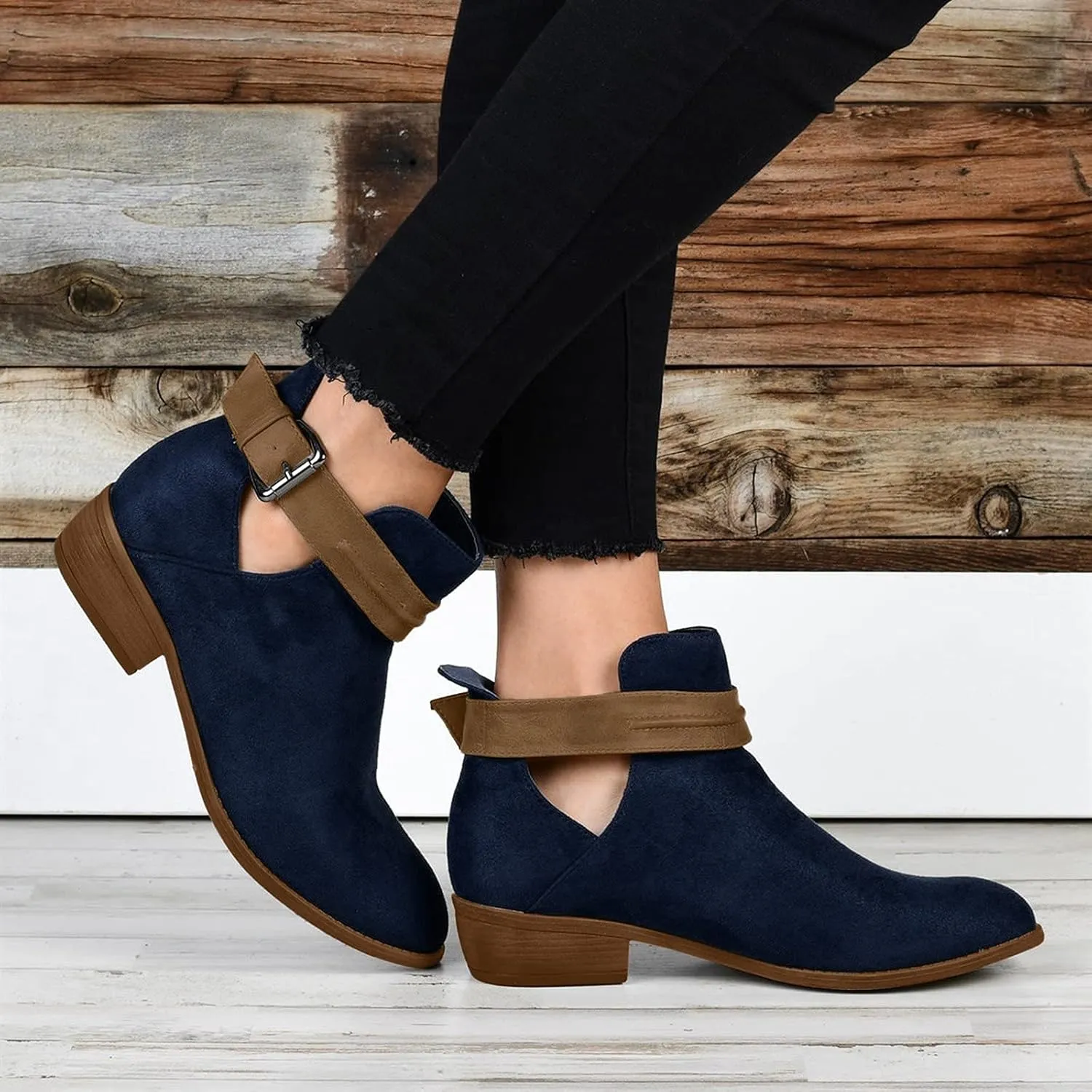 Boots for Women Low Heel Mid Calf Boots Block Chunky Heel Pointed Toe Military Zipper Motorcycle Cowboy Ankle Booties 52
