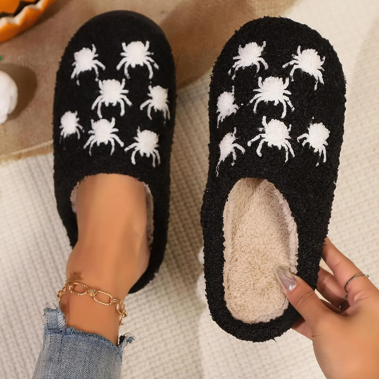 Cathalem Halloween Slippers for Women Retro Cozy Comfy Plush Warm Fur Lined House Slippers Lightweight Fuzzy Slip-on Shoes