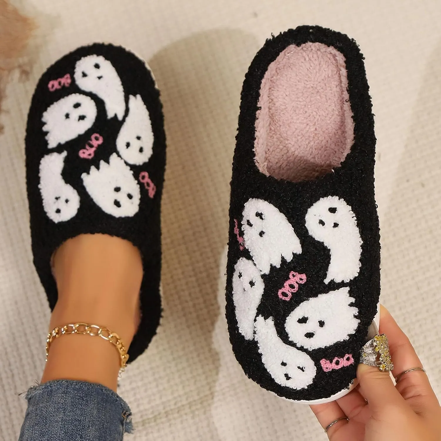 Cathalem Halloween Slippers for Women Retro Cozy Comfy Plush Warm Fur Lined House Slippers Lightweight Fuzzy Slip-on Shoes