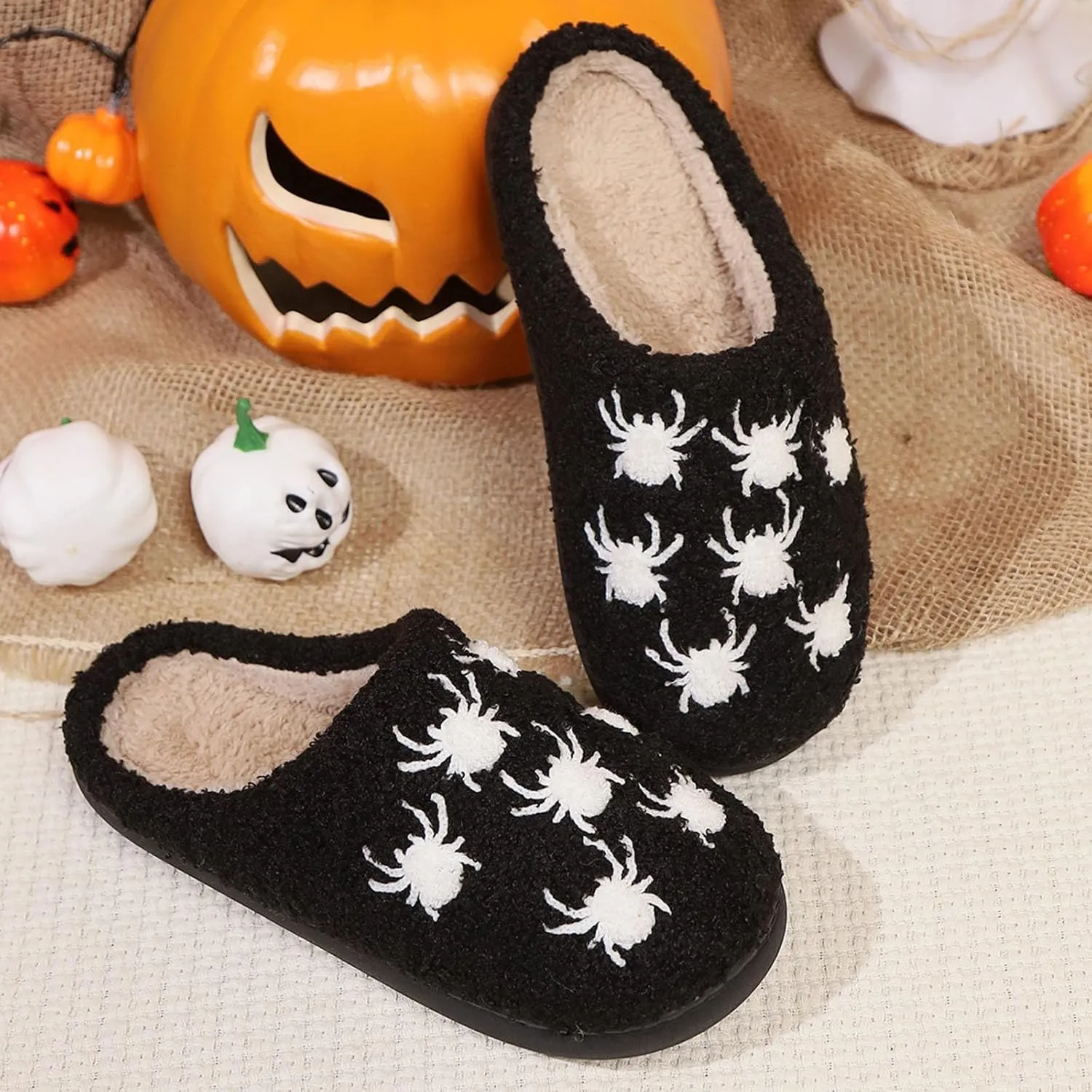 Cathalem Halloween Slippers for Women Retro Cozy Comfy Plush Warm Fur Lined House Slippers Lightweight Fuzzy Slip-on Shoes