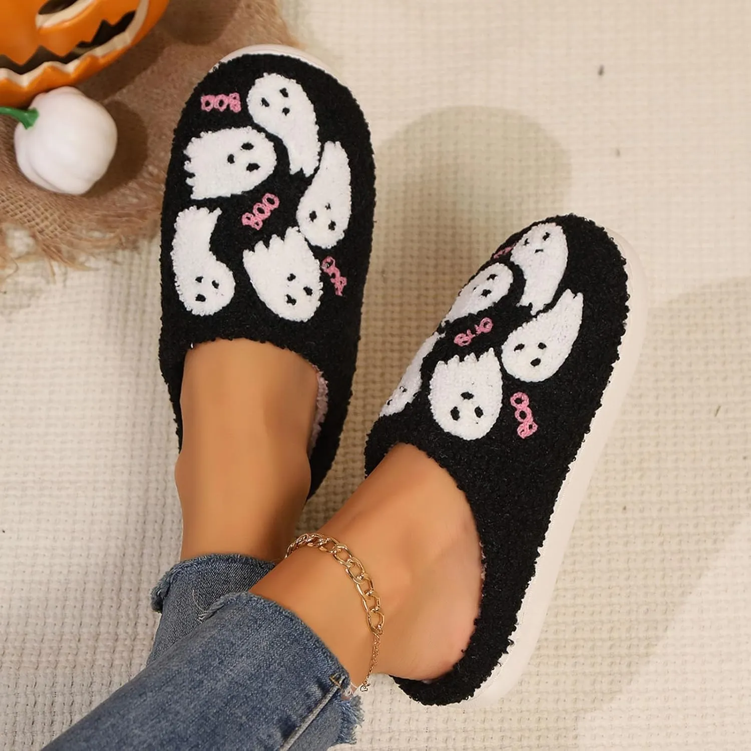 Cathalem Halloween Slippers for Women Retro Cozy Comfy Plush Warm Fur Lined House Slippers Lightweight Fuzzy Slip-on Shoes