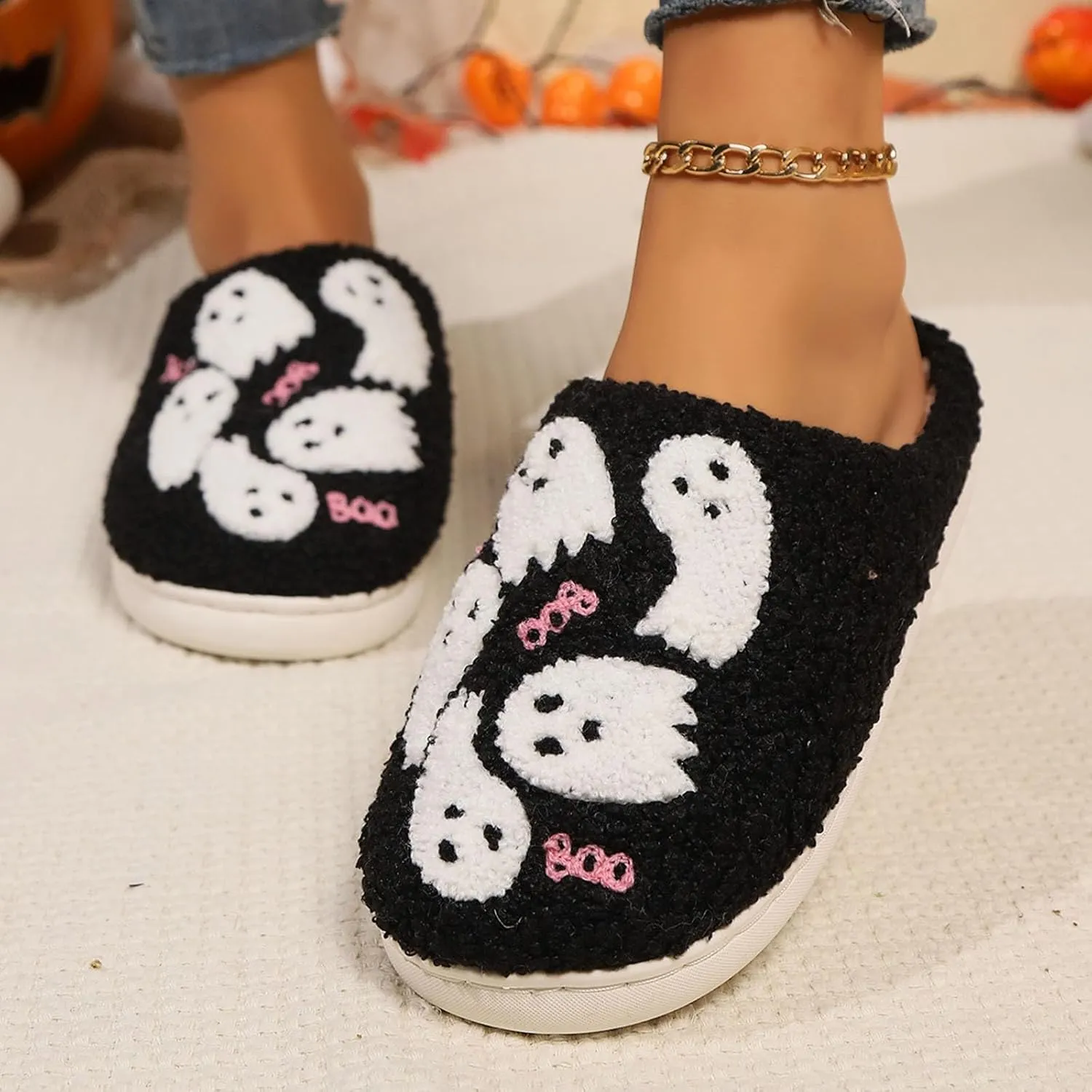 Cathalem Halloween Slippers for Women Retro Cozy Comfy Plush Warm Fur Lined House Slippers Lightweight Fuzzy Slip-on Shoes