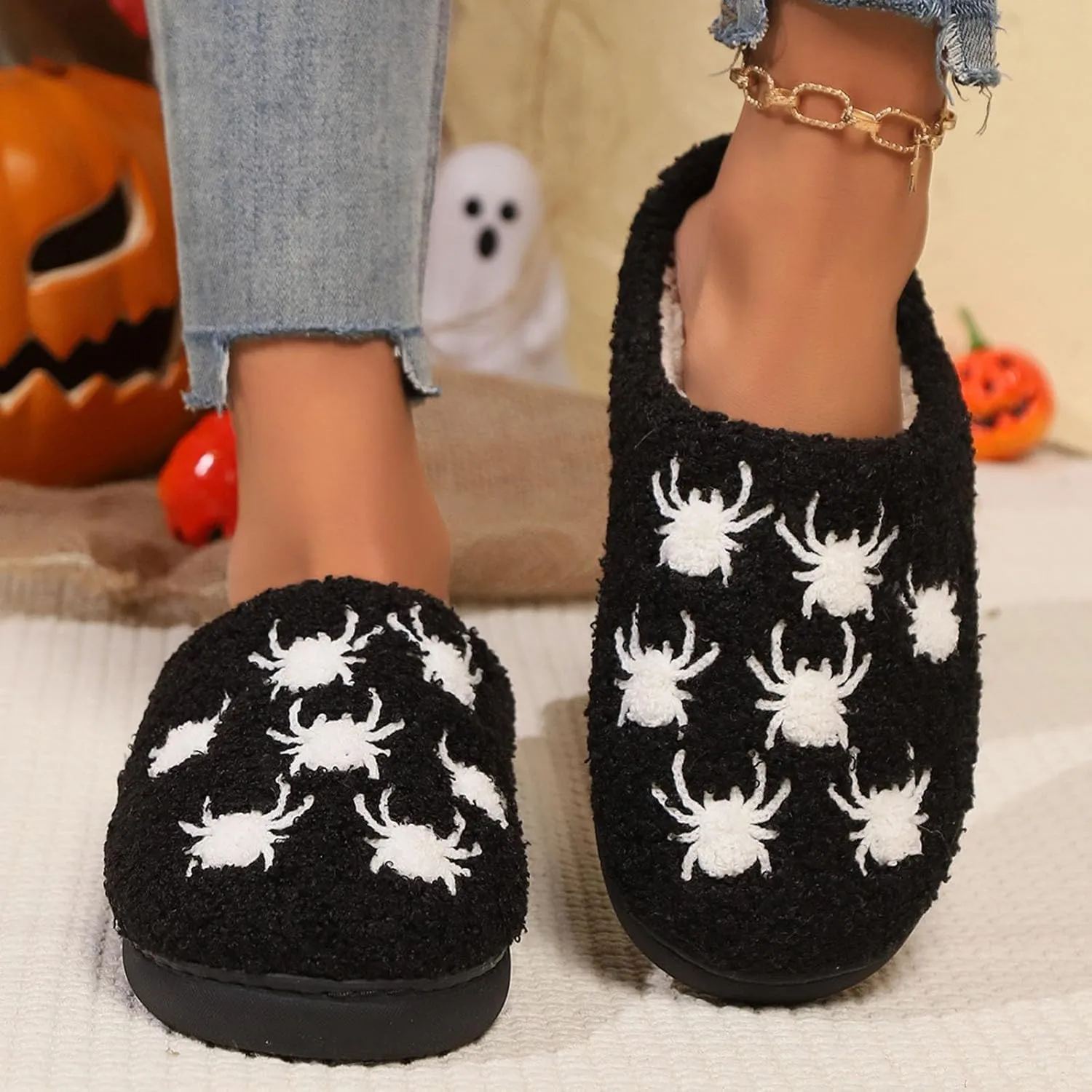 Cathalem Halloween Slippers for Women Retro Cozy Comfy Plush Warm Fur Lined House Slippers Lightweight Fuzzy Slip-on Shoes