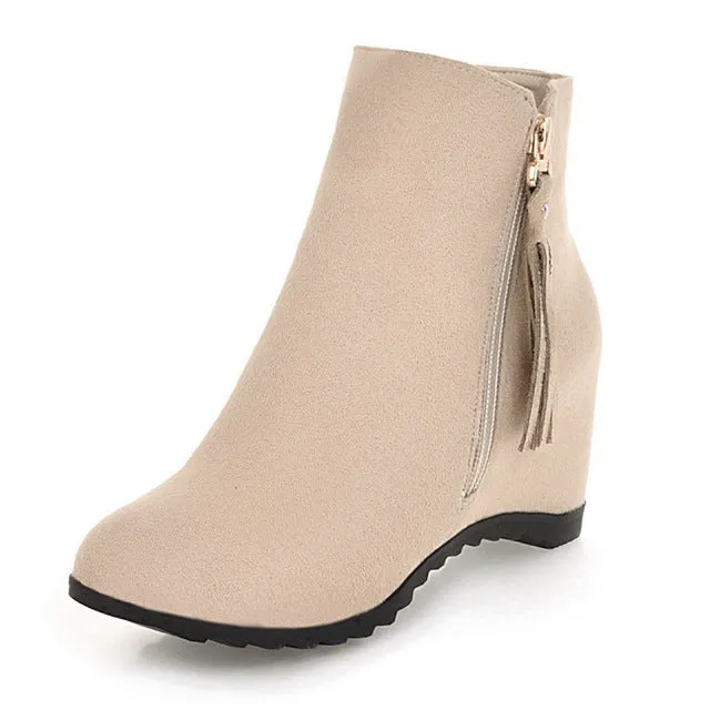 Fringe Warm Zip Up Wedge High Heels Plush