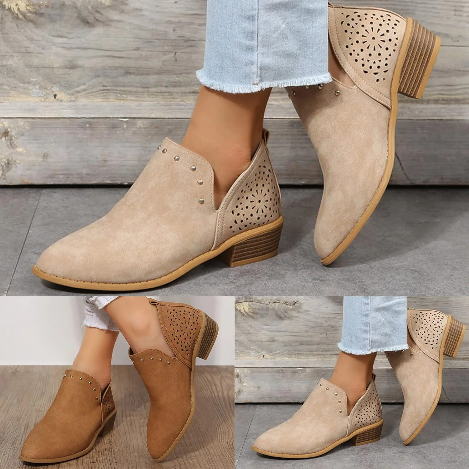 Gibobby Ankle Boots for Women Low Heel,Retro V Cutout Short Warm Boots Closed Toe Low Heel Combat Western Shoes
