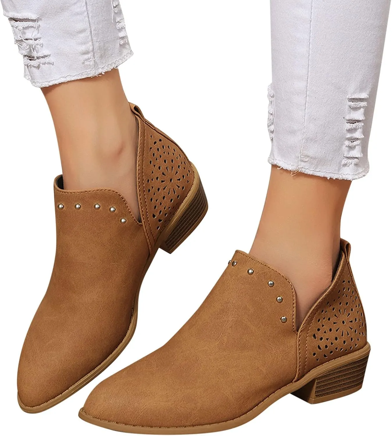 Gibobby Ankle Boots for Women Low Heel,Retro V Cutout Short Warm Boots Closed Toe Low Heel Combat Western Shoes