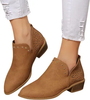 Gibobby Ankle Boots for Women Low Heel,Retro V Cutout Short Warm Boots Closed Toe Low Heel Combat Western Shoes