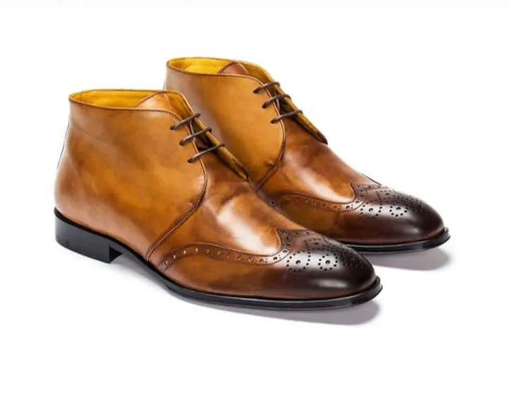 Handmade Men's chukka Boot, Men's Tan Brown Black Tone Leather Wing Tip Lace Up Casual Boot.