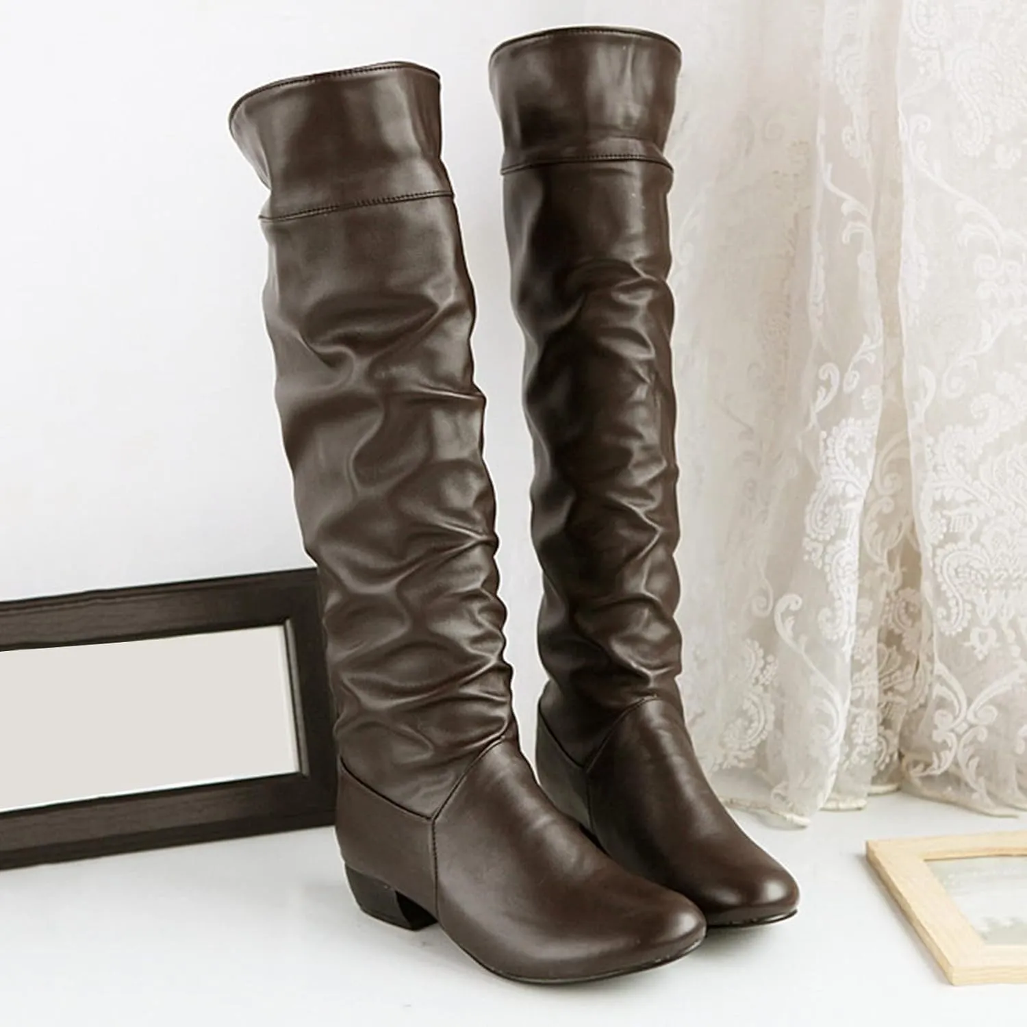 hlysgo Knee High Boots Women Mid Heel Fall Wather Winter Slouchy Pull On Casual Boots for Women