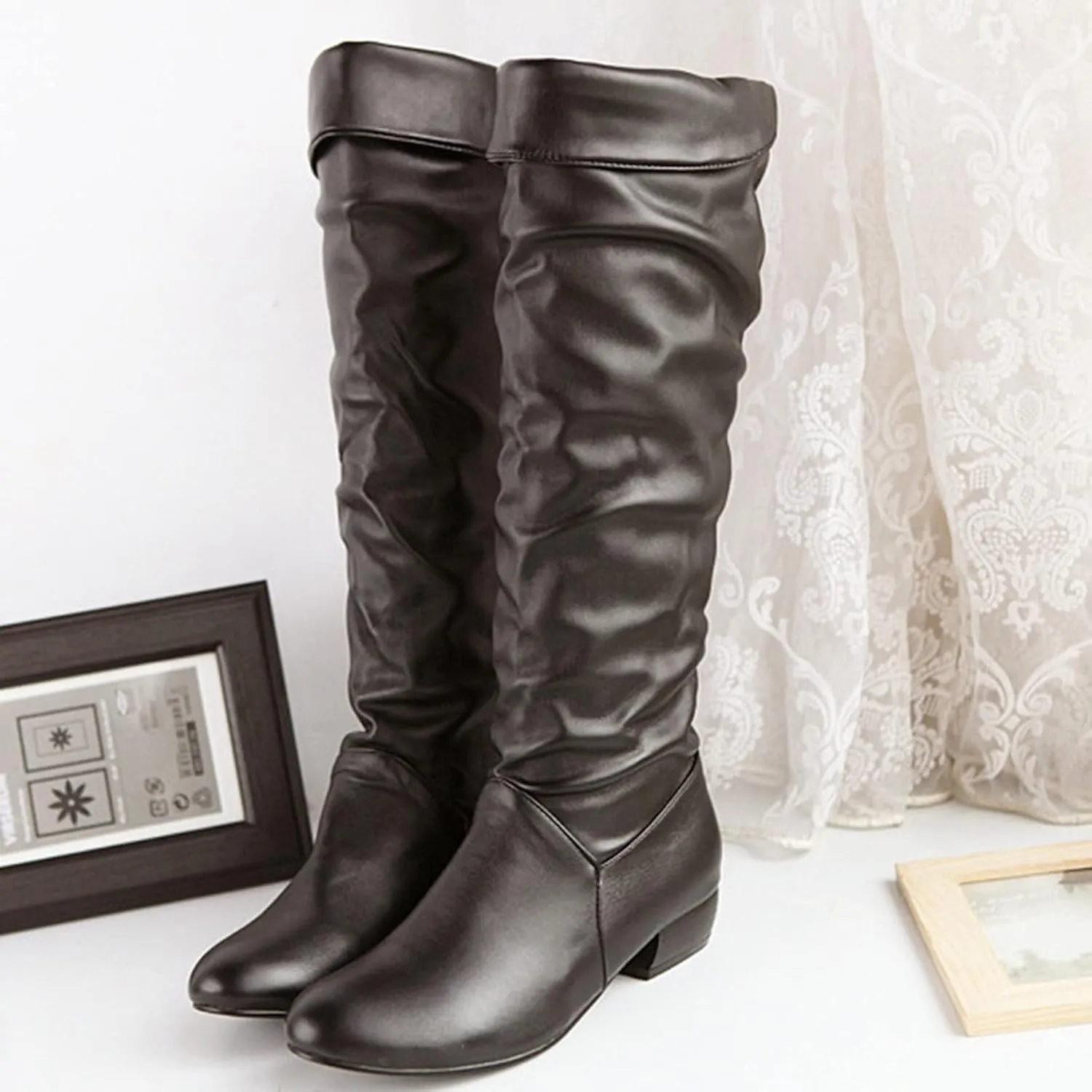 hlysgo Knee High Boots Women Mid Heel Fall Wather Winter Slouchy Pull On Casual Boots for Women