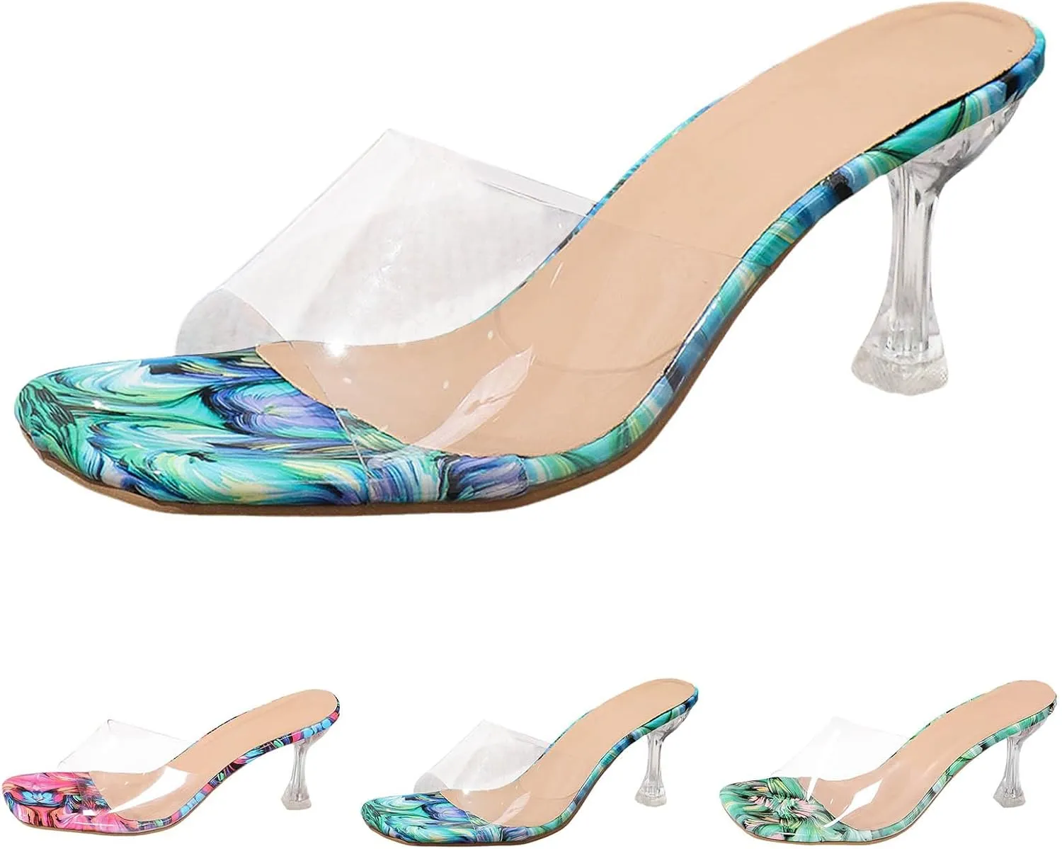 Kitten Heels Strappy Open Square Toe Ankle Strap Print Square Open Toe Breathable Slim Heels Comfortable Summer