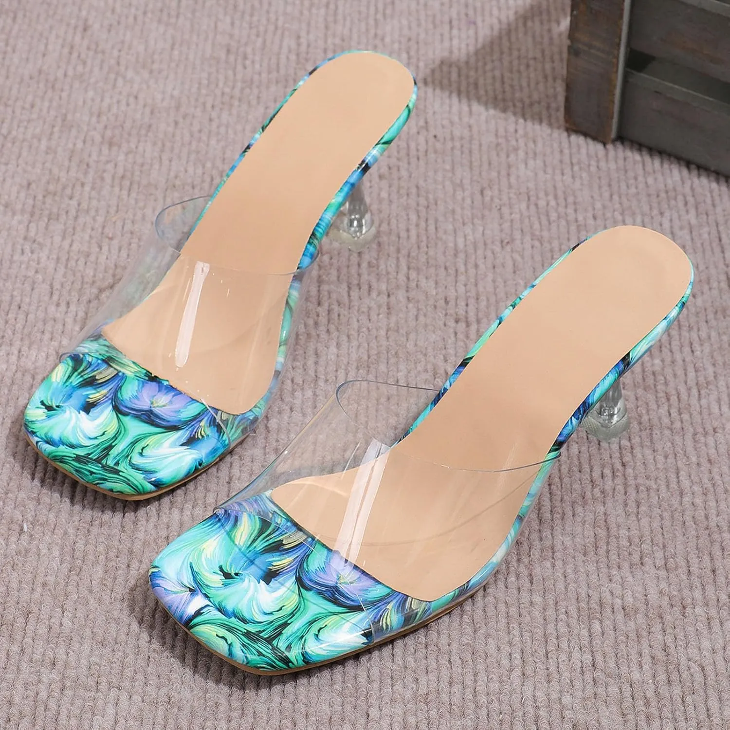 Kitten Heels Strappy Open Square Toe Ankle Strap Print Square Open Toe Breathable Slim Heels Comfortable Summer