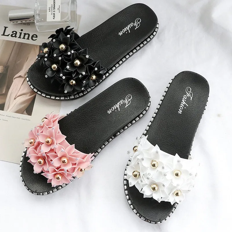 Open Toe Gold Applique Pleated Flat Flip Flops