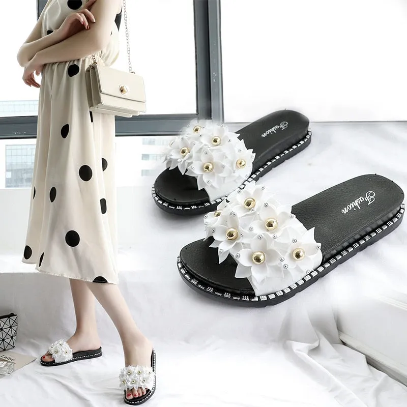 Open Toe Gold Applique Pleated Flat Flip Flops