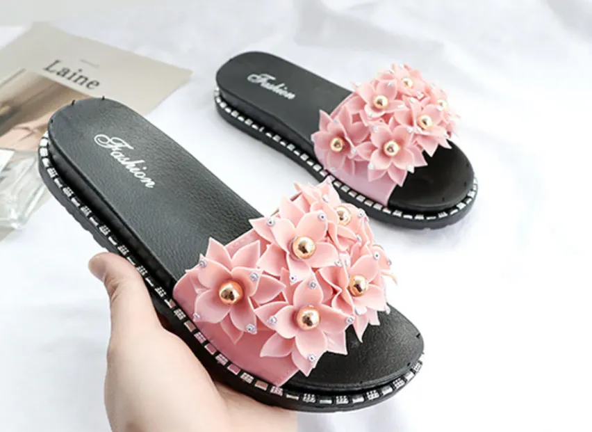 Open Toe Gold Applique Pleated Flat Flip Flops