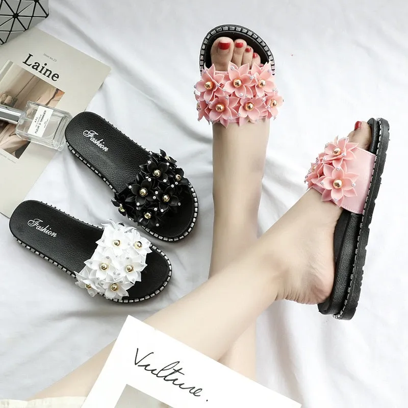 Open Toe Gold Applique Pleated Flat Flip Flops