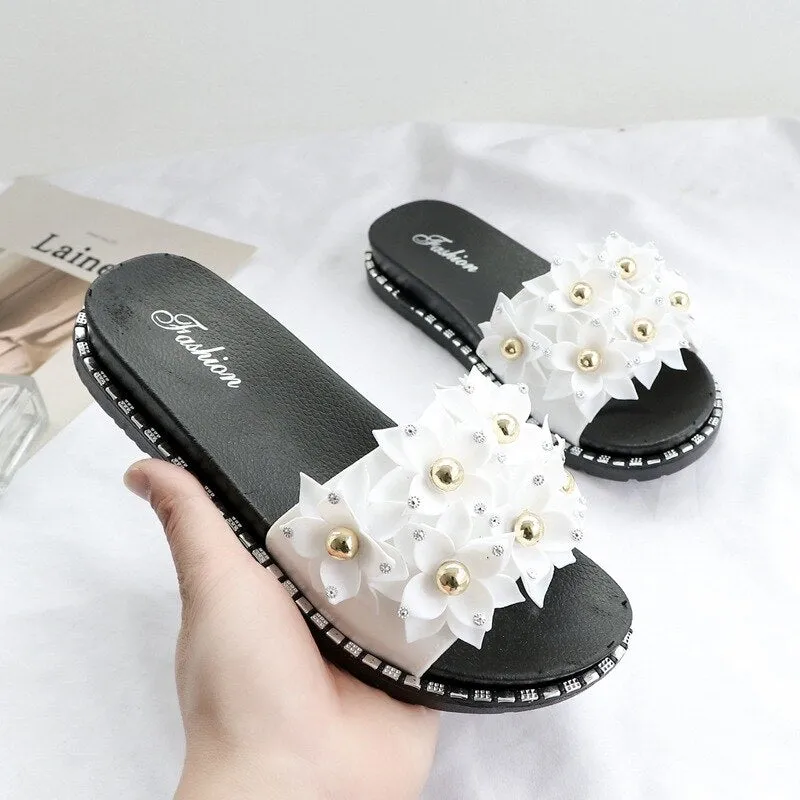 Open Toe Gold Applique Pleated Flat Flip Flops