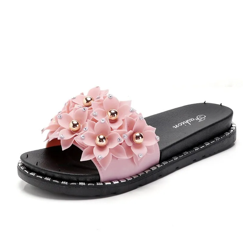 Open Toe Gold Applique Pleated Flat Flip Flops