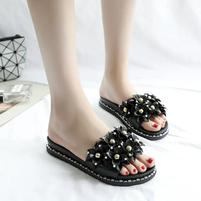 Open Toe Gold Applique Pleated Flat Flip Flops