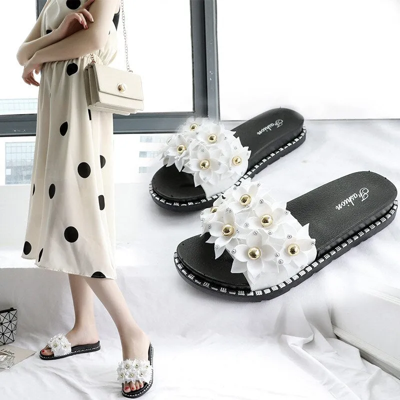 Open Toe Gold Applique Pleated Flat Flip Flops