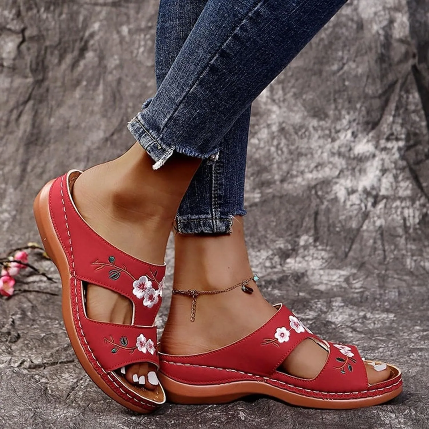 Sandals for Women 2024 Wedge Comfortable Boho Beach Sandals Women Arch Support Memory Foam Slip On Slide Slippers