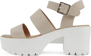 Soda ACCOUNT ~ Women Open Toe Two Bands Lug sole Fashion Block Heel Sandals with Adjustable Ankle Strap