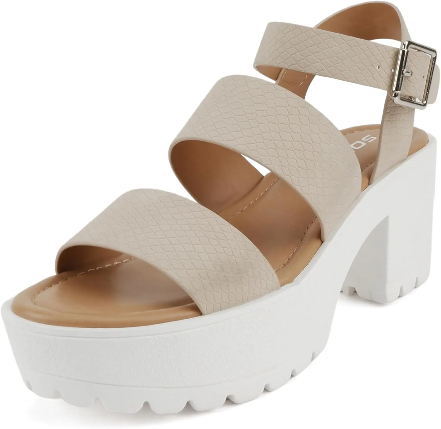 Soda ACCOUNT ~ Women Open Toe Two Bands Lug sole Fashion Block Heel Sandals with Adjustable Ankle Strap