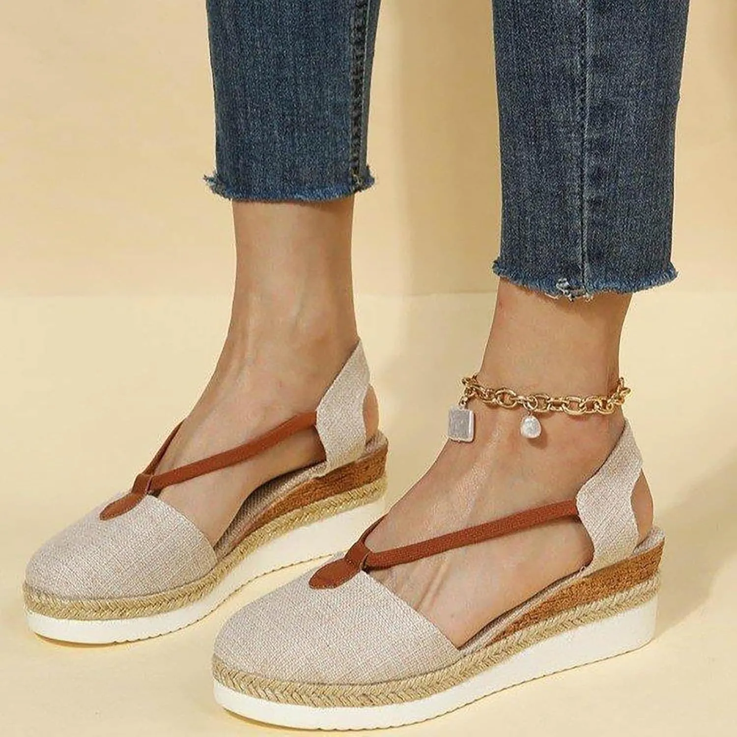 Women Orthopedic Wedge Sandals Summer Dressy Closed Toe Espadrille Wedge Heels Sandals Comfortable Wide Width Non Slip Shoes with Adjustable Ankle Strap Metal Buckle Indoor Outdoor