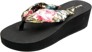 Womens Flip Flops Women's Florals Wedge High Heel Flipflop Sandals Summer Platform Nonslip Beach Thong Sandal (Black, 6-6.5)